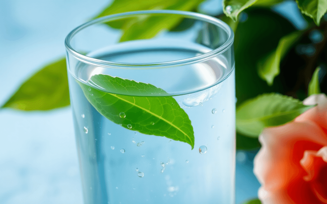 A friss víz tiszta pohárának közeli képe, zöld levelekkel és cseppekkel, lágy kék háttér előtt elhelyezve, a tisztaságot és az egészséget szimboliz...