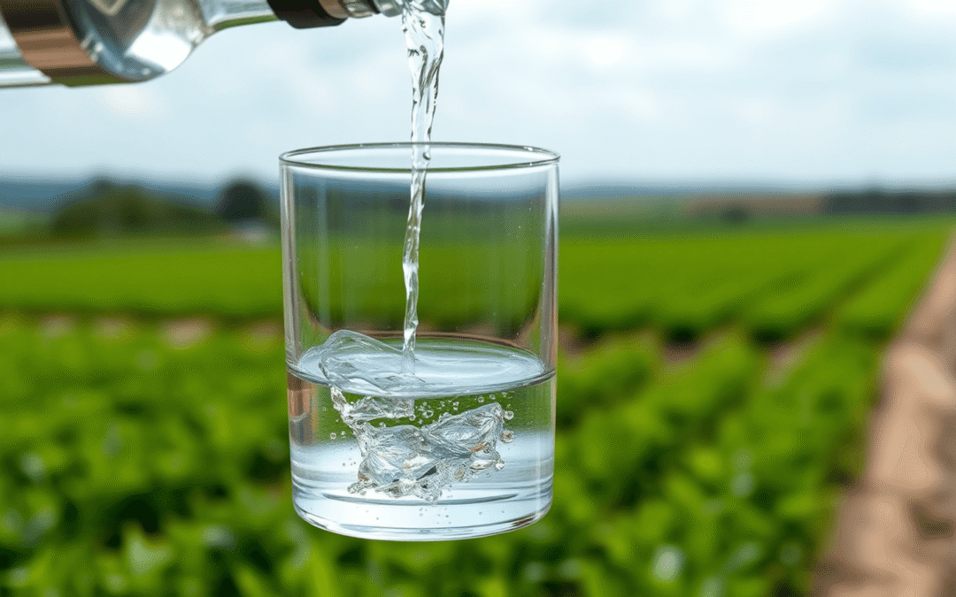 A tiszta víz közeli felvétele, amelyet egy pohárba öntenek, a háttérben elmosódott zöld mezőkkel, kiemelve a mezőgazdaságból származó vízszennyezést.