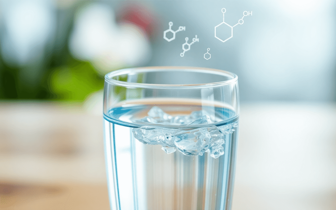 A tiszta vízzel teli pohár közeli felvétele, felette lebegő kémiai szimbólumokkal, egy világos háttér előtt, amely a tisztaságot és a szennyeződést...