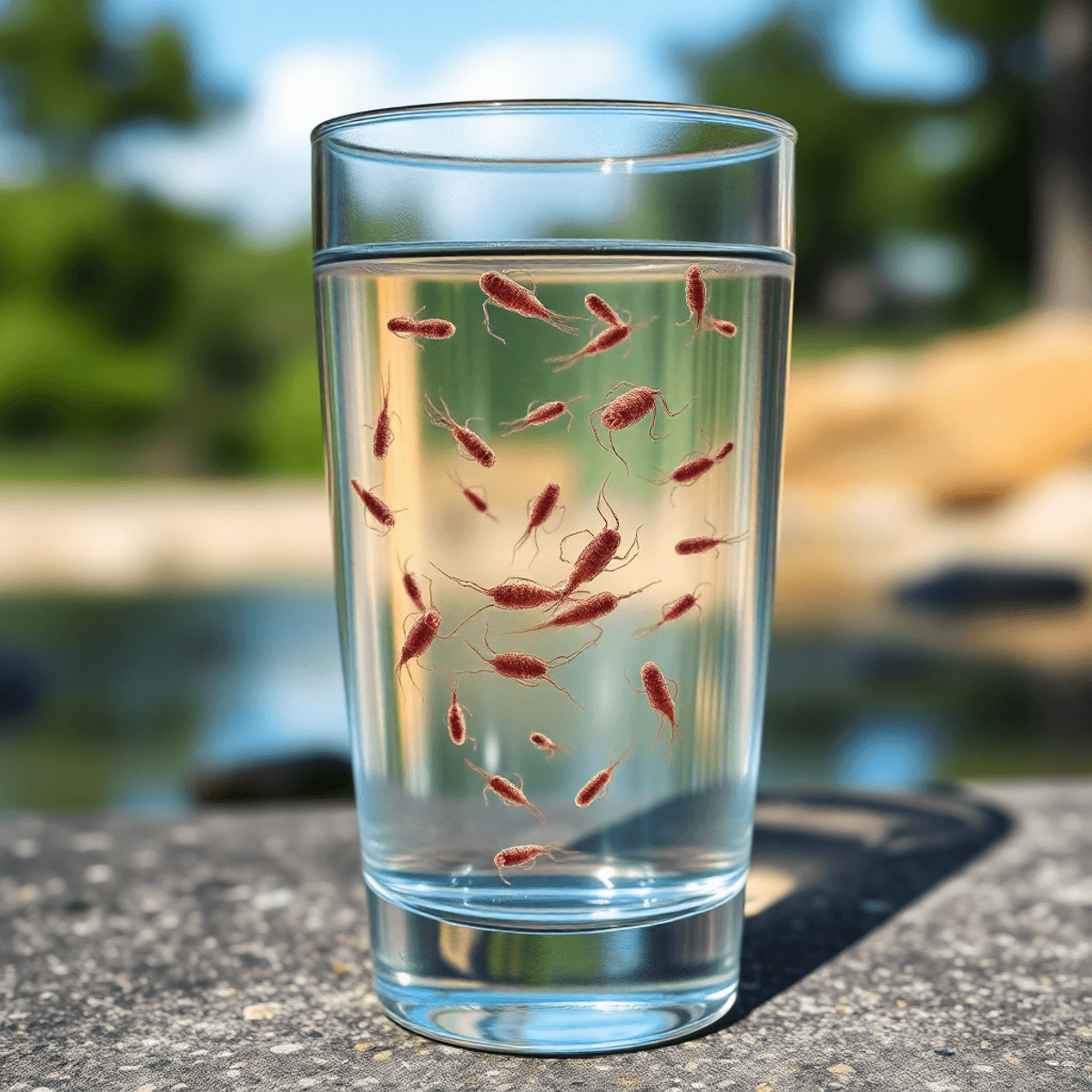 Átlátszó víz pohárban mikroszkopikus parazitákkal, tiszta természetes háttérrel, a környezetvédelem és egészségügyi kockázatok szimbóluma.