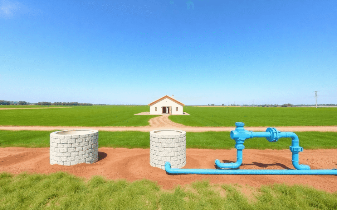 Egy modern vidéki építkezési terület kútjával, vízvezetékkel, zöld mezőkkel és tiszta kék éggel, bemutatva a választást a kútvíz és a vezetékes víz...