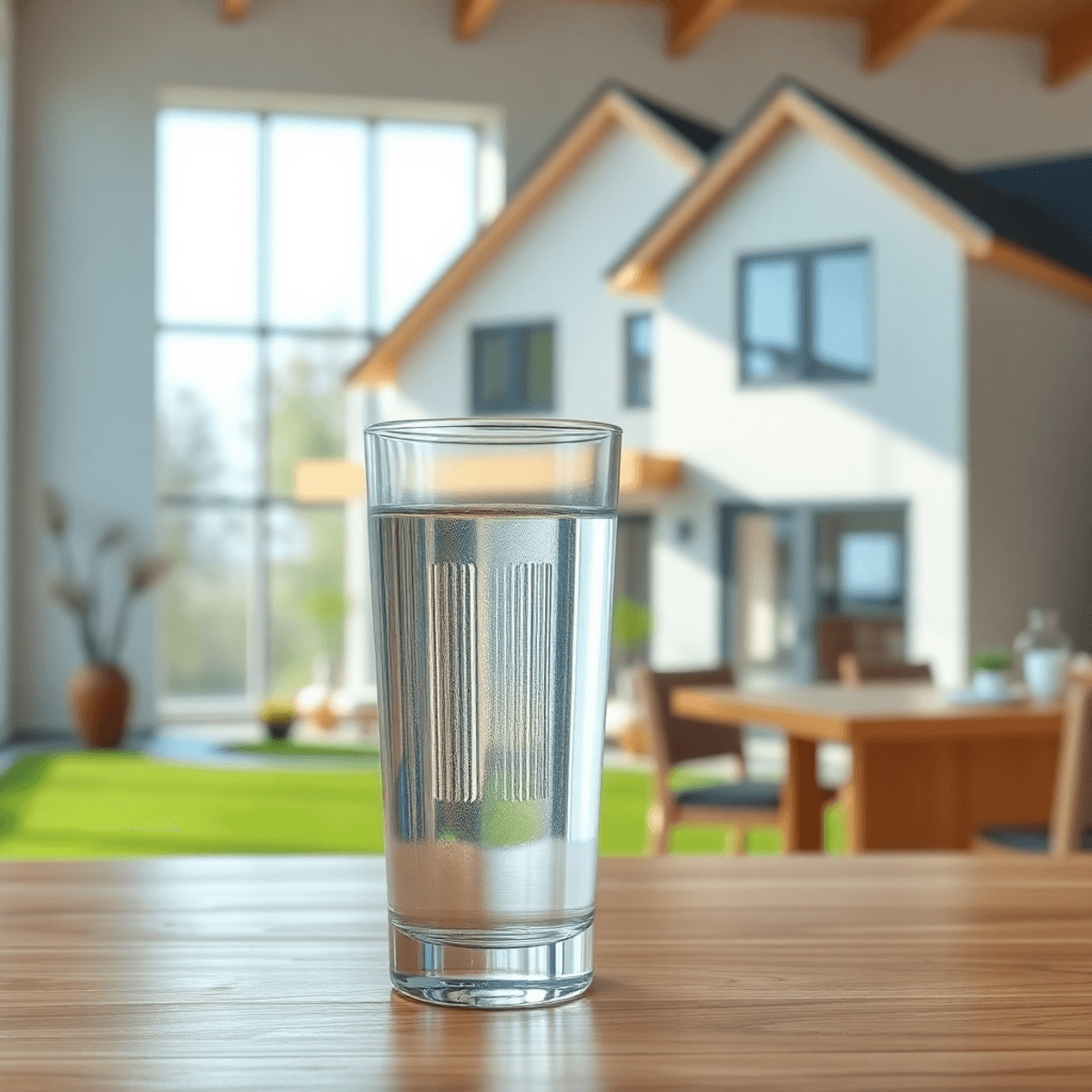 Egy tiszta pohár friss ivóvíz egy faasztalon, háttérben modern új ház, világos és hívogató légkör.