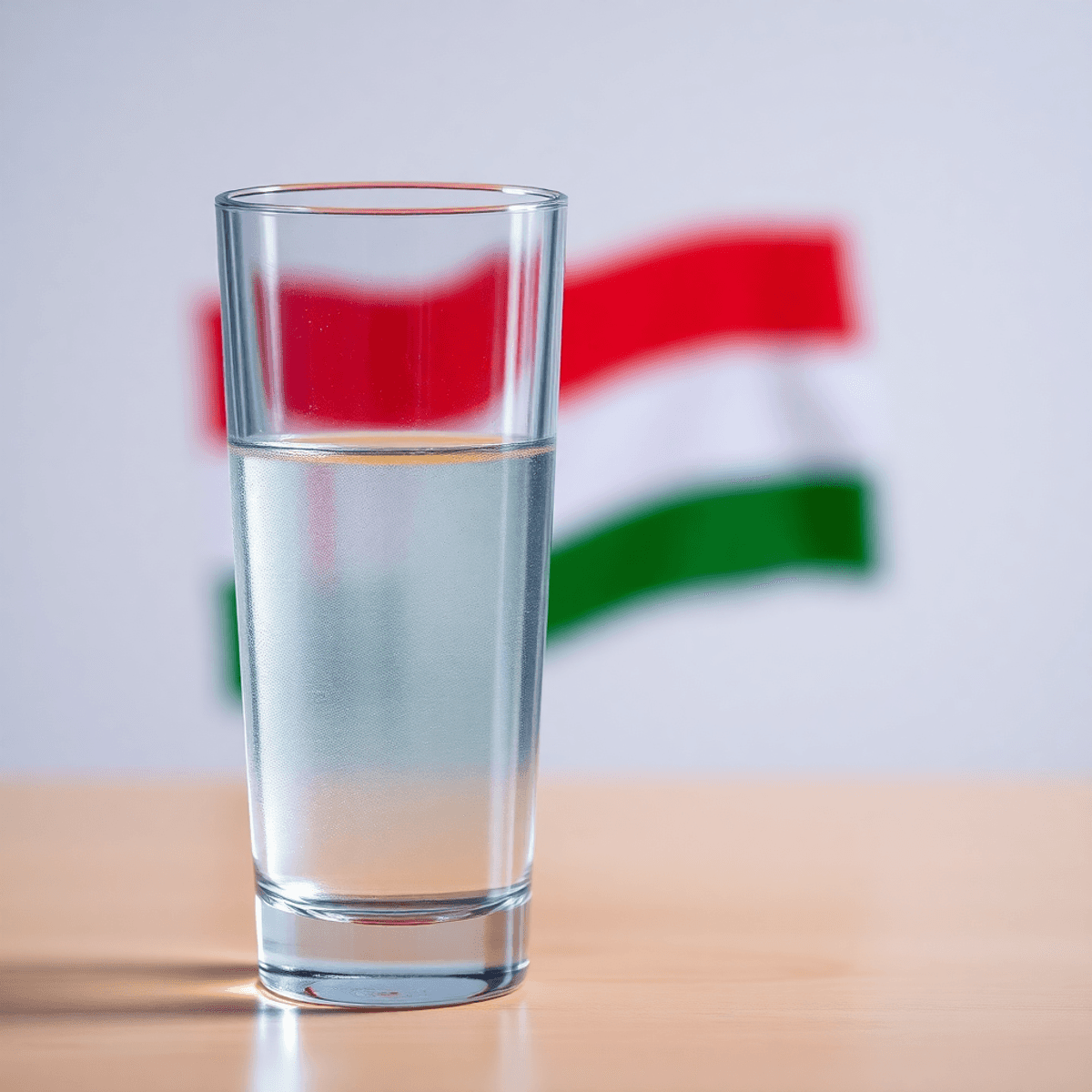 Egy tiszta pohár friss ivóvíz, mögötte finoman megjelenik a magyar zászló, a tiszta és biztonságos ivóvíz szimbólumaként.