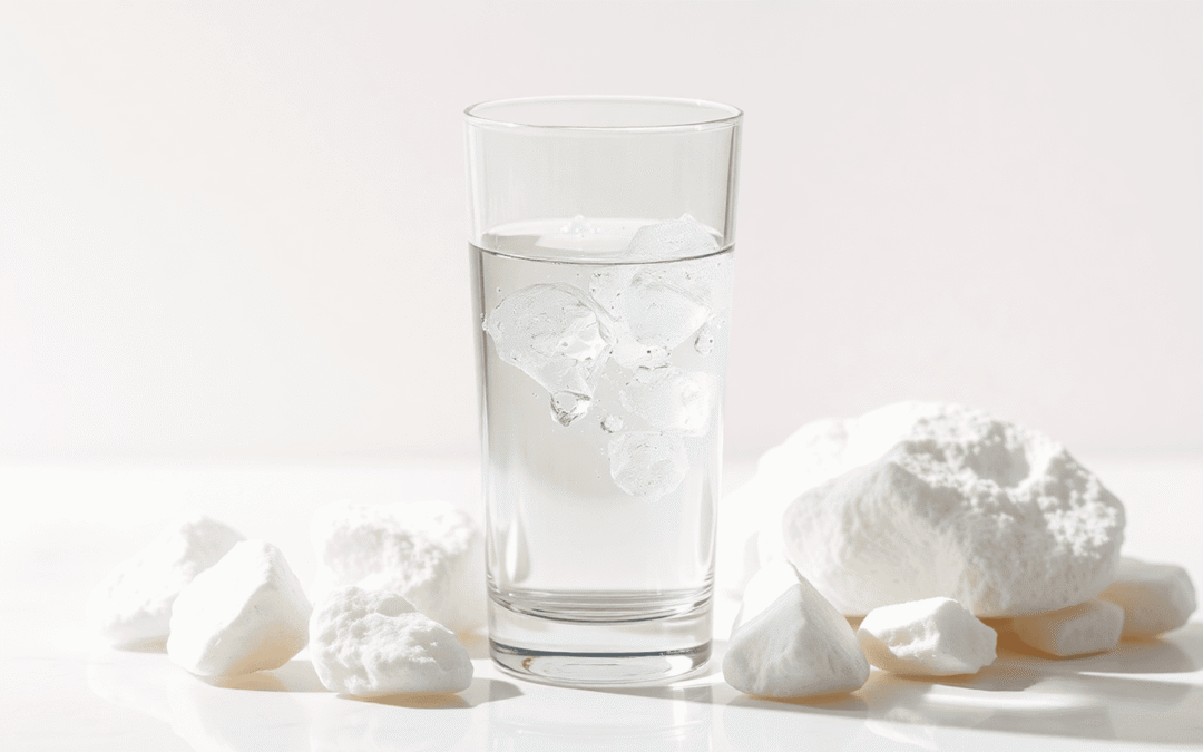 Egy tiszta pohár szénsavas ásványvizet buborékokkal, természetes ásványi kövekkel körülvéve, világos, tiszta háttérrel.