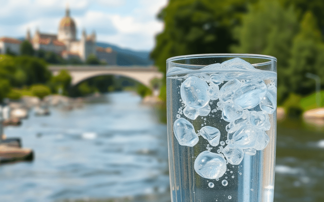 Egy tiszta pohár szénsavas víz buborékokkal, egy festői magyar táj, folyók és természeti vízforrások háttérében.
