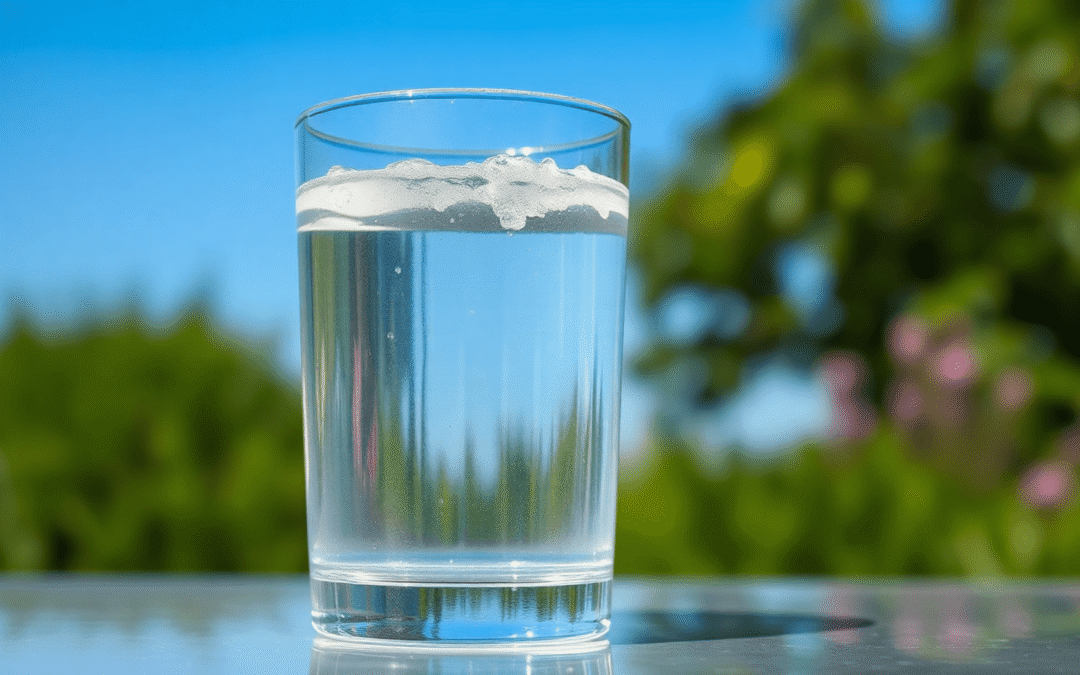 Egy tiszta pohár víz cseppekkel, egy kék égbolt és zöld természet előtt, a tiszta és biztonságos ivóvizet szimbolizálva.