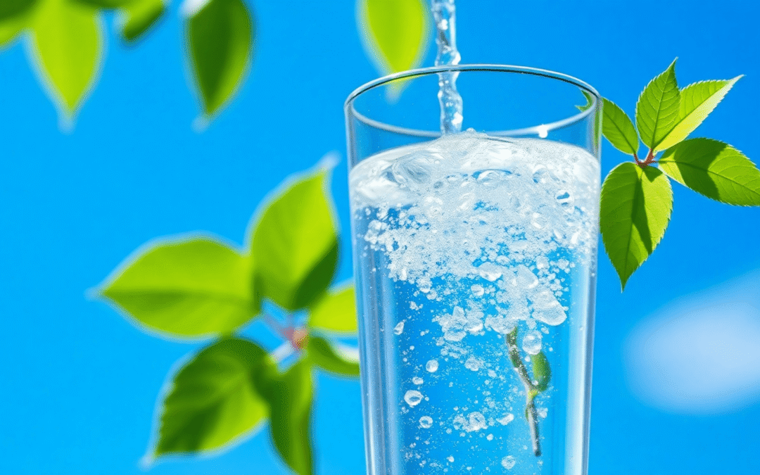 Egy tiszta pohár víz, cseppekkel, zöld levelekkel és kék éggel körülvéve, a tiszta és biztonságos ivóvíz szimbólumaként.