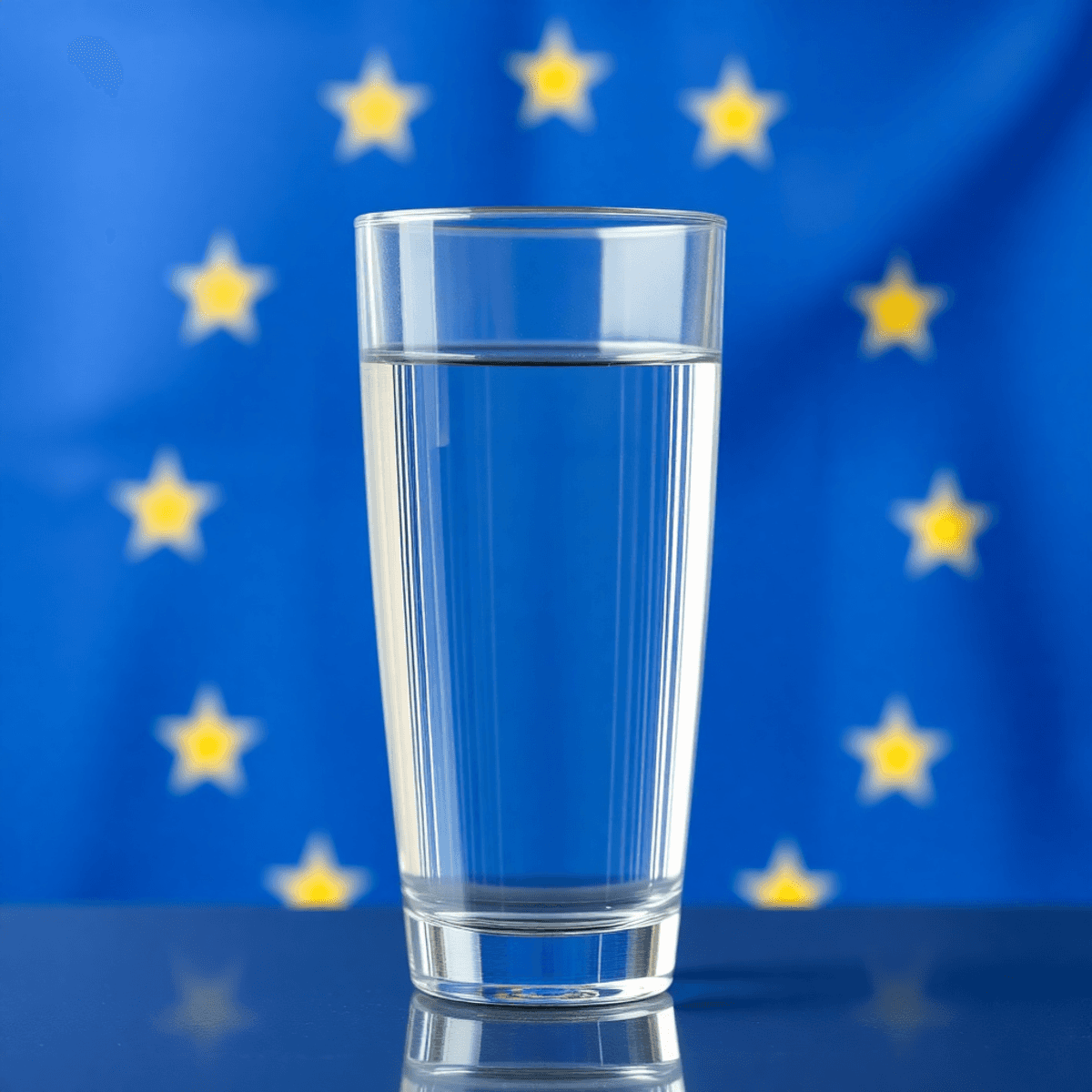Egy tiszta pohár víz előtt az Európai Unió zászlaja, az egészséges ivóvíz szabványokat szimbolizálva.