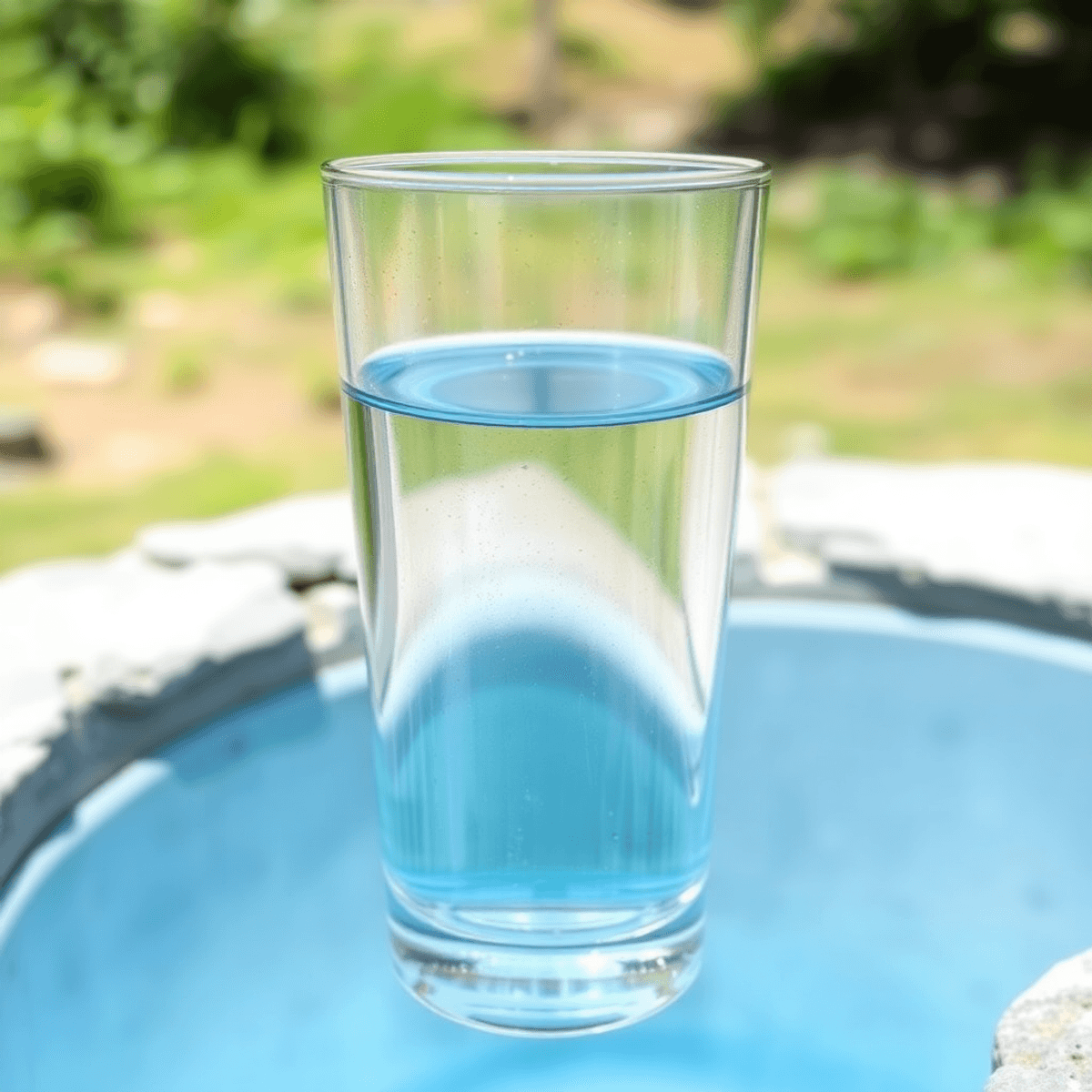 Egy tiszta üveg friss kútvízzel, természetes háttérrel, a tiszta és biztonságos ivóvíz minőségét jelképezve.