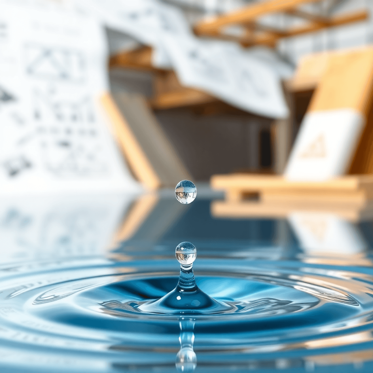 Egy tiszta vízcsepp hullik egy nyugodt vízfelületre, háttérben építkezési tervrajzok és anyagok láthatók.