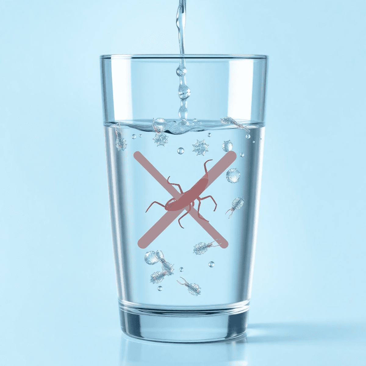 Egy üveg tiszta ivóvíz vízcseppekkel, átlátszó pohárban, áthúzott parazita szimbólummal, kék háttér előtt.