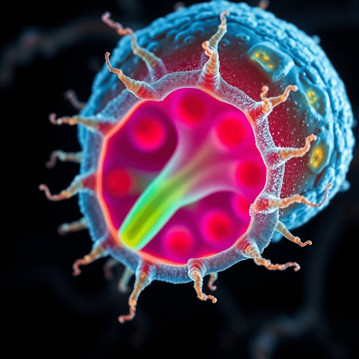 Entamoeba histolytica sejtszerkezetének részletes, színes mikroszkópos közeli képe sötét háttér előtt.