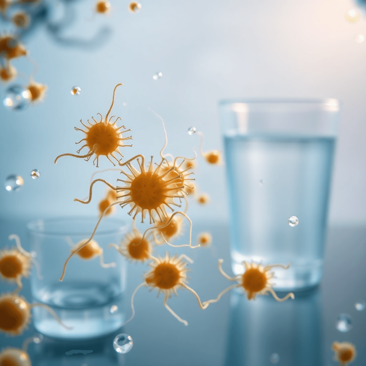 Közeli mikroszkopikus kép Giardia lamblia parazitákról szennyezett vízben, háttérben tiszta pohár vízzel és vízszűrővel.