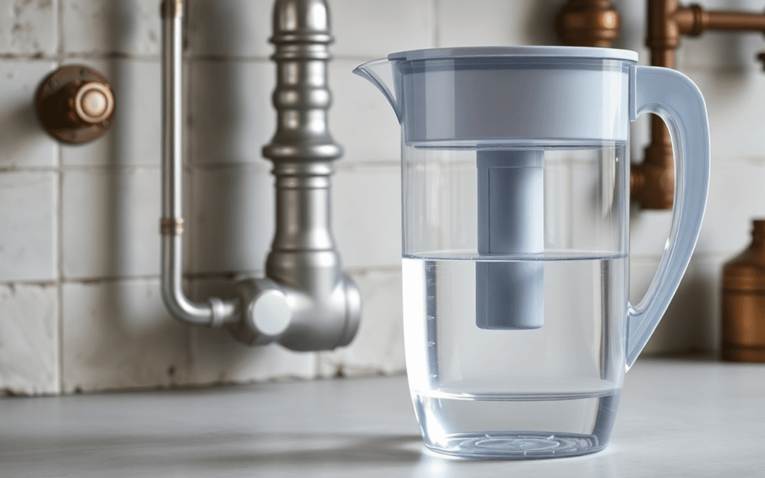 Közelkép egy modern vízszűrő kancsról, amely tiszta vízzel van megtöltve, és egy konyhai pulton található, a háttérben régi fémcsövekkel.