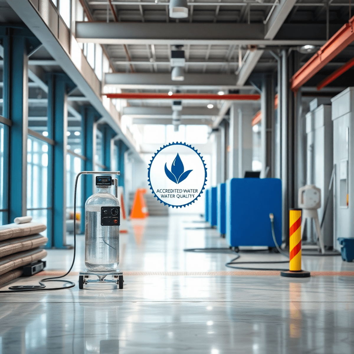 Modern építkezési terület tiszta vízminőség-ellenőrző berendezéssel, világos és professzionális környezetben.