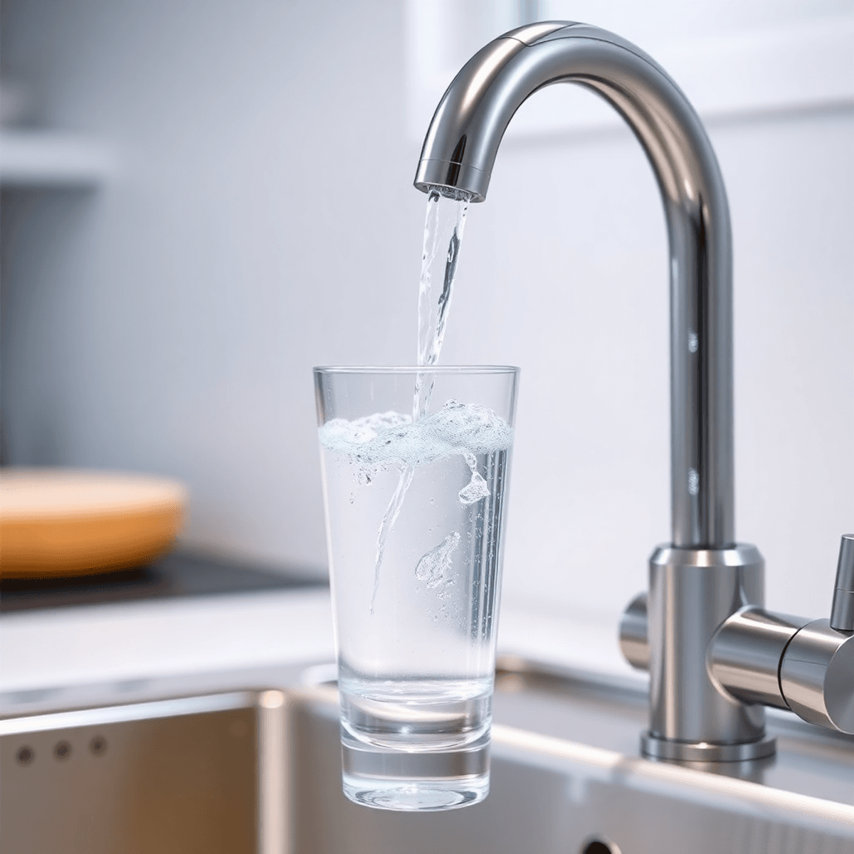 Modern konyhai csapból tiszta víz folyik egy pohárba, otthoni környezetben, a biztonságos ivóvíz szimbólumaként.