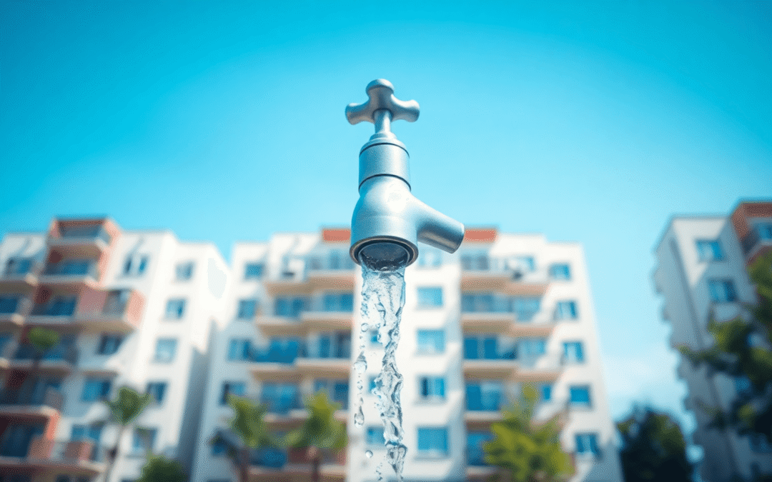 Modern lakóépület tiszta kék ég alatt, csillogó csappal, amelyből tiszta víz folyik, a biztonságos és egészséges élet szimbólumaként.