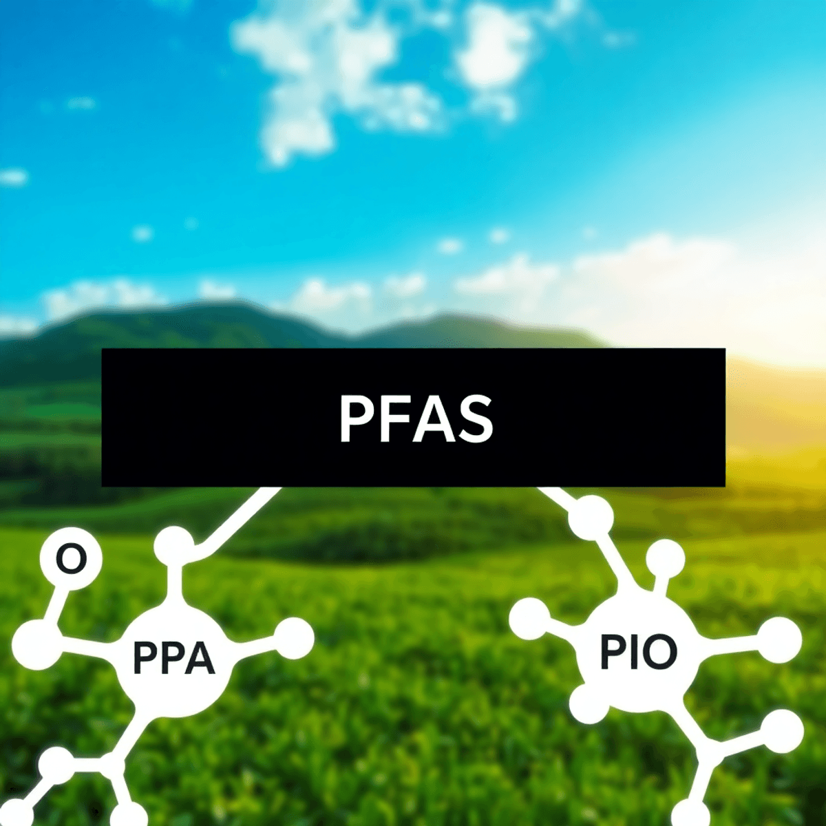 Modern, tiszta illusztráció PFAS molekulákról, zöld, egészséges környezettel a fenntarthatóság és ökológiai védelem jelképeként.