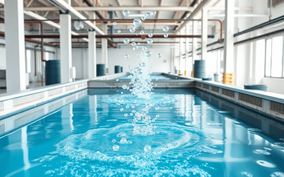 Modern vízkezelő létesítmény tiszta tartályokkal és emelkedő levegőbuborékokkal, amelyek illusztrálják a lebegtetési folyamatot a tiszta víz tisztí...