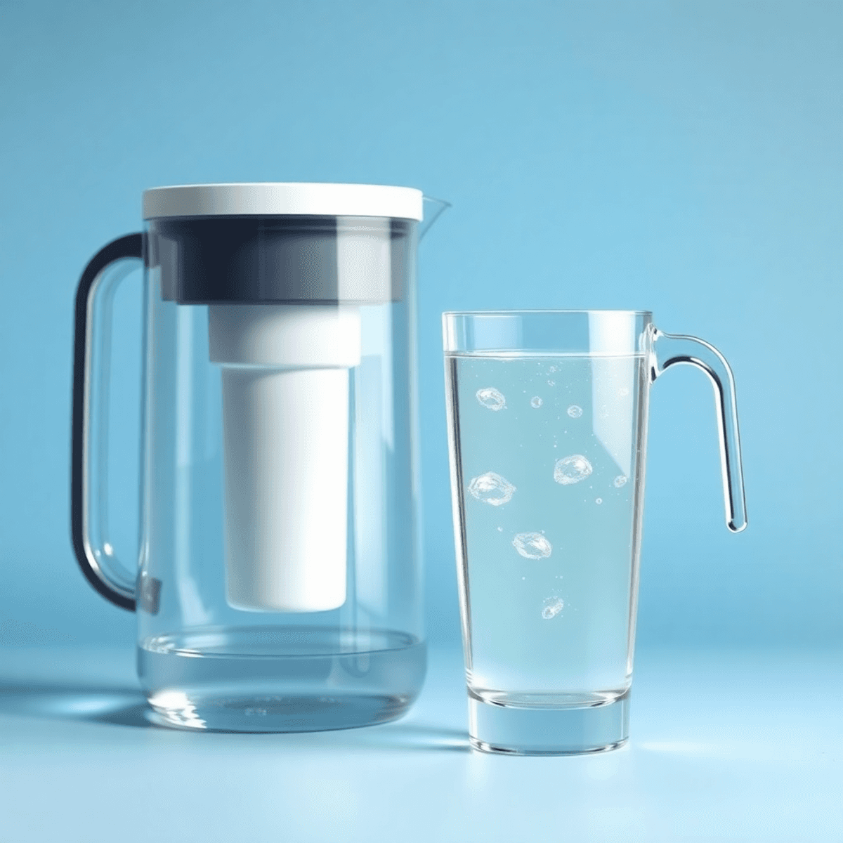 Tiszta pohár víz vízcseppekkel, modern vízszűrő kancsó mellett, lágy kék háttérrel, a tisztaság és egészség szimbólumaként.