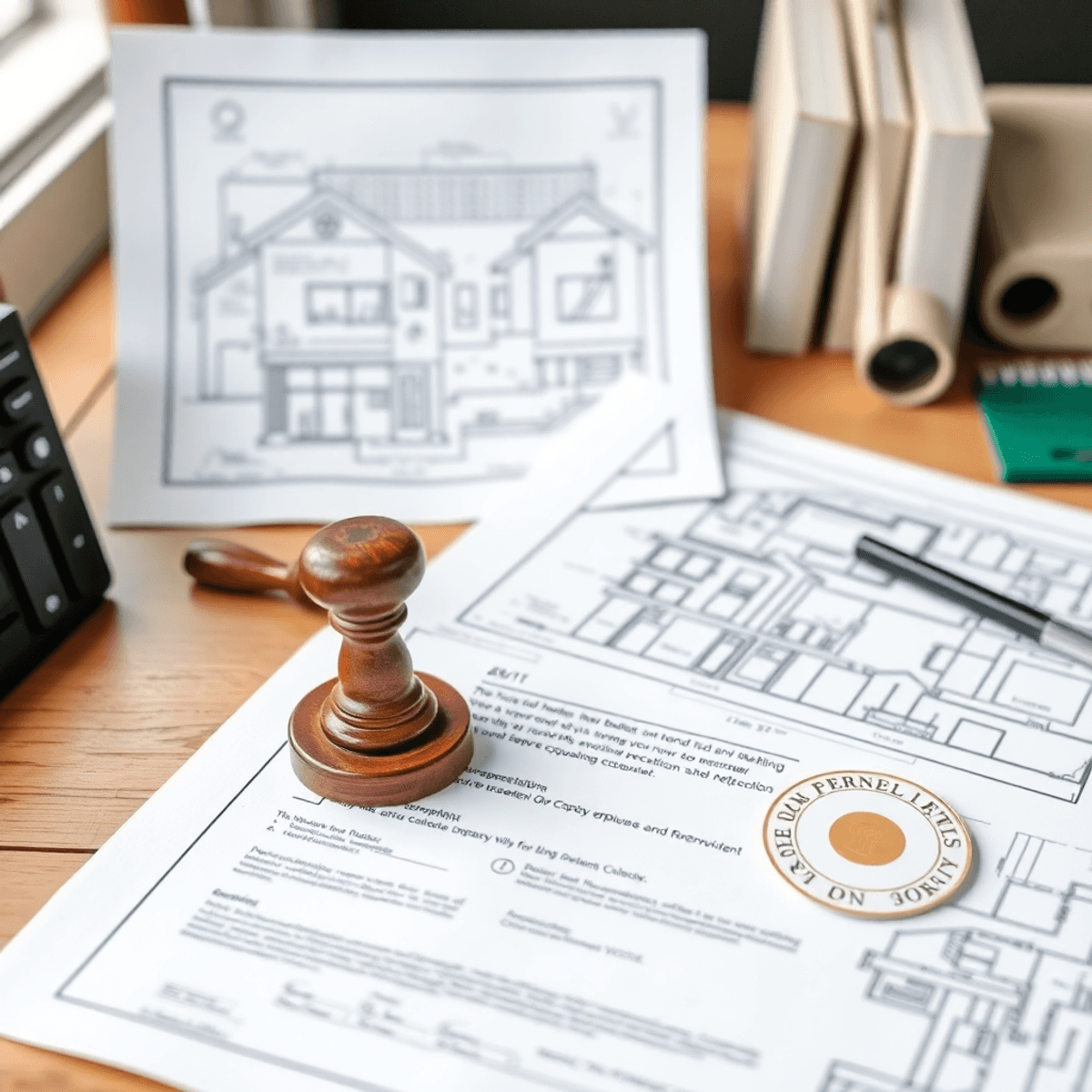 Tiszta, rendezett munkaterület asztalon építészeti tervek, hivatalos dokumentumok és jóváhagyó pecsét, az engedélyezési folyamat szimbóluma.