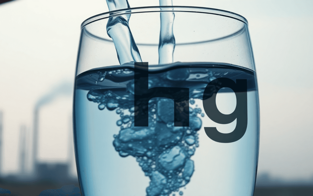 Tiszta víz ömlik egy pohárba, háttérben füstkibocsátókkal, halvány higanyszimbólummal átfedve, kiemelve a víz szennyeződését.