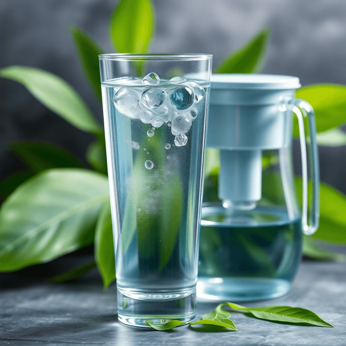 Tiszta vízzel teli pohár, mellette otthoni vízszűrő kancsó, zöld levelekkel a háttérben, természetes víztisztítás szimbóluma.